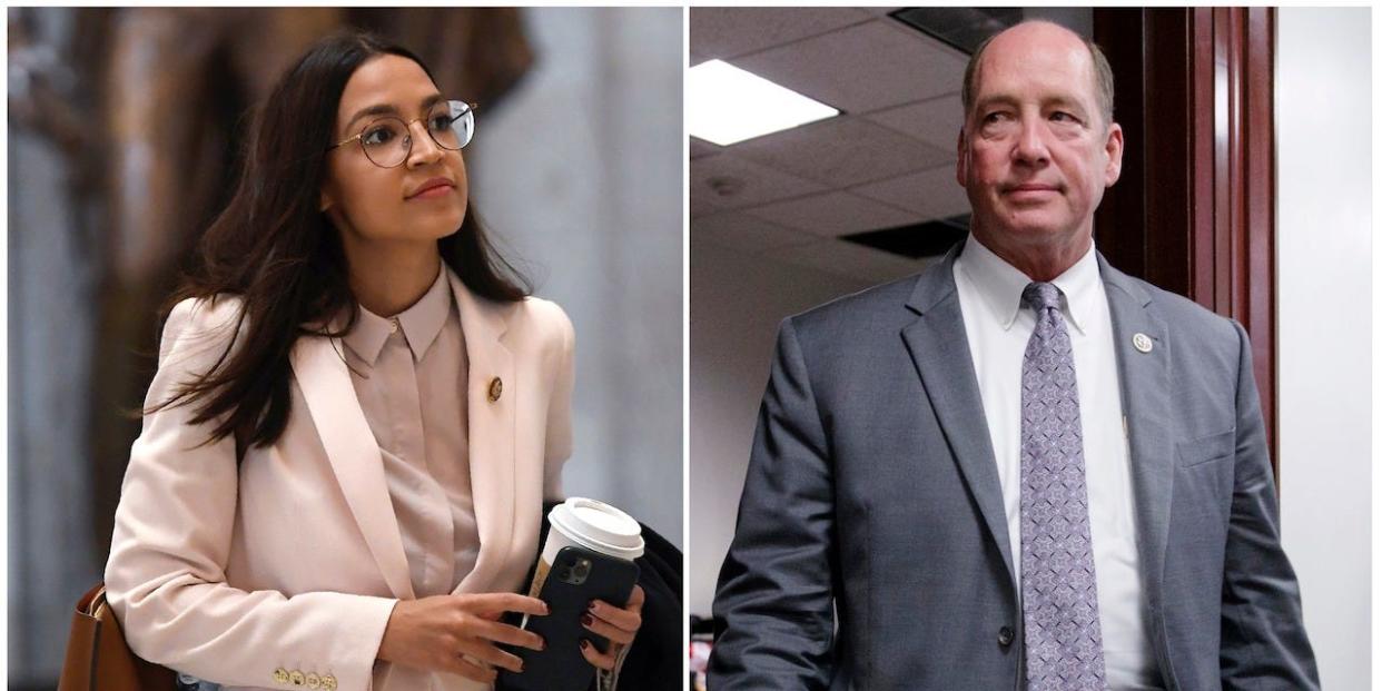 Rep. Alexandria Ocasio-Cortez, D-N.Y., walks Capitol Hill in Washington, on March 27, 2020, left, and Rep. Ted Yoho, R-Fla., at the Capitol in Washington on March 28, 2017.