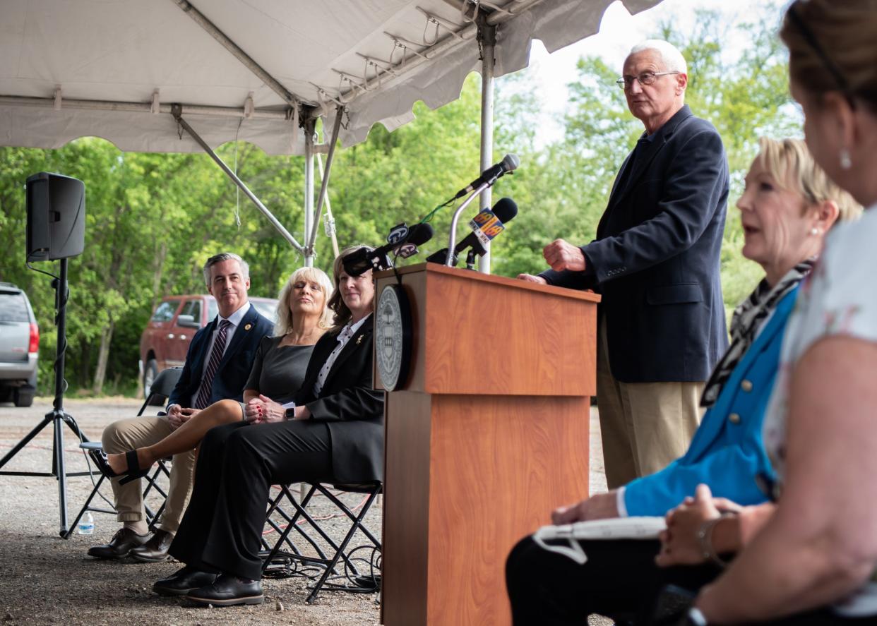 Commission Gene DiGirolamo shares a few words during a groundbreaking ceremony, on Tuesday, May 7, 2024, at the future site of Bright Path Center, a new behavioral health crisis stabilization facility expected to open in Doylestown Township next year.