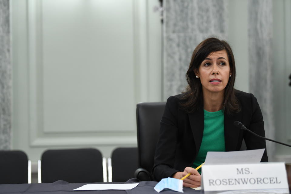 WASHINGTON, DC - JUNE 24:  Federal Communication Commission Commissioner Jessica Rosenworcel testifies during an oversight hearing to examine the Federal Communications Commission on Capitol Hill on June 24, 2020 in Washington, DC. The hearing was held by the Senate Committee for Commerce, Science, and Transportation. (Photo by Jonathan Newton-Pool/Getty Images)