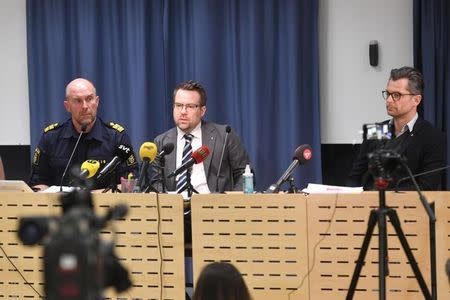 Stefan Hector, head of the National Operational Department, and Johan Olsson, Swedish Security Service (SAPO) and Jan Evensson, police team leader at the police news conference after a terror attack on Drottninggatan where several people were killed and injured after a truck crashed into a department store Ahlens, in central Stockholm, Sweden, April 7, 2017 Fredrik Sandberg/TT News Agency via REUTERS