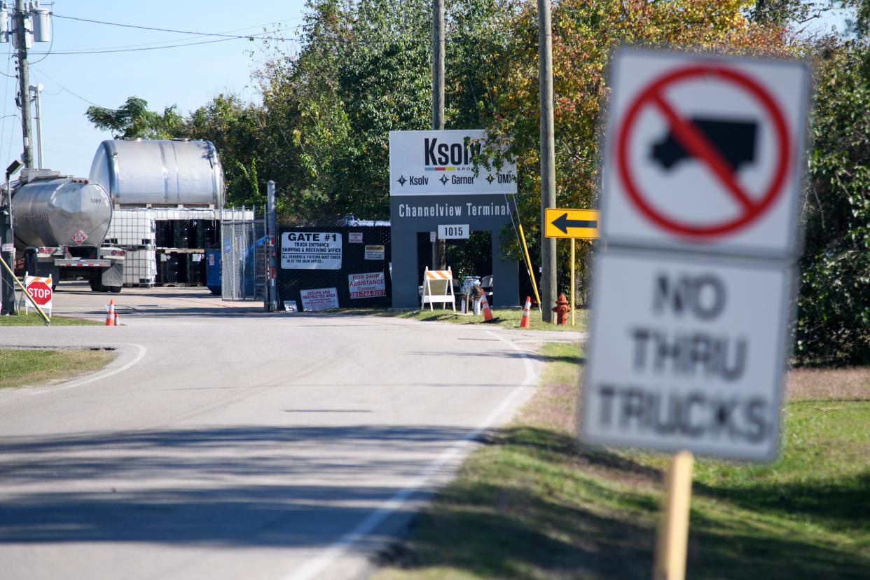 A tanker truck waits to be loaded with chemicals at K-Solv, a chemical distribution company nestled in a residential area in Channelview, Texas.