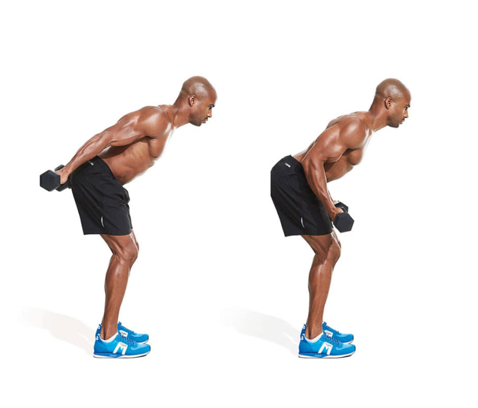 <p>Stand with feet shoulder-width apart and hinge forward at the hips, arms extended with dumbbells hanging straight down, to start. Row the dumbbells up to slightly below chest height to assume the starting position. While keeping the upper arms in line with the torso, extend forearms back by contracting the triceps. You can keep a neutral grip (palms facing one another) or an underhand grip (shown here). Return the dumbbells to the starting position. That's 1 rep.</p>