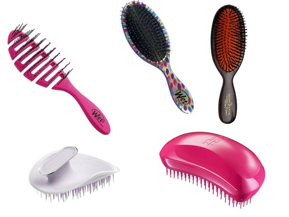 Clockwise from left: Best for all hair types: WetBrush Pro Flex £14.99 Lookfantastic; Best for medium thick hair: WetBrush Pro The Original Dentangler, £11.99; Best for a smooth finish: Mason & Pearson, from £60.50; Best for fine to medium thick hair: Tangle Teezer The Orginal Detangling Hairbrush, £12; Best for fragile thinning hair: Virtue Flourish Manta Brush, £24 