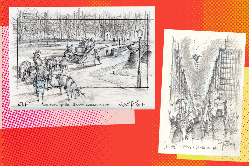 Early concept drawings of two scenes in Elf 
