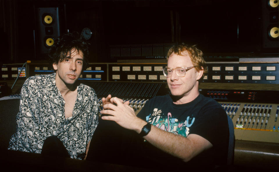 American composer Danny Elfman (R) with screenwriter and producer Tim Burton on the set of The Nightmare Before Christmas, a stop motion musical fantasy film directed by Henry Selick. (Photo by Touchstone Pictures/Sunset Boulevard/Corbis via Getty Images)