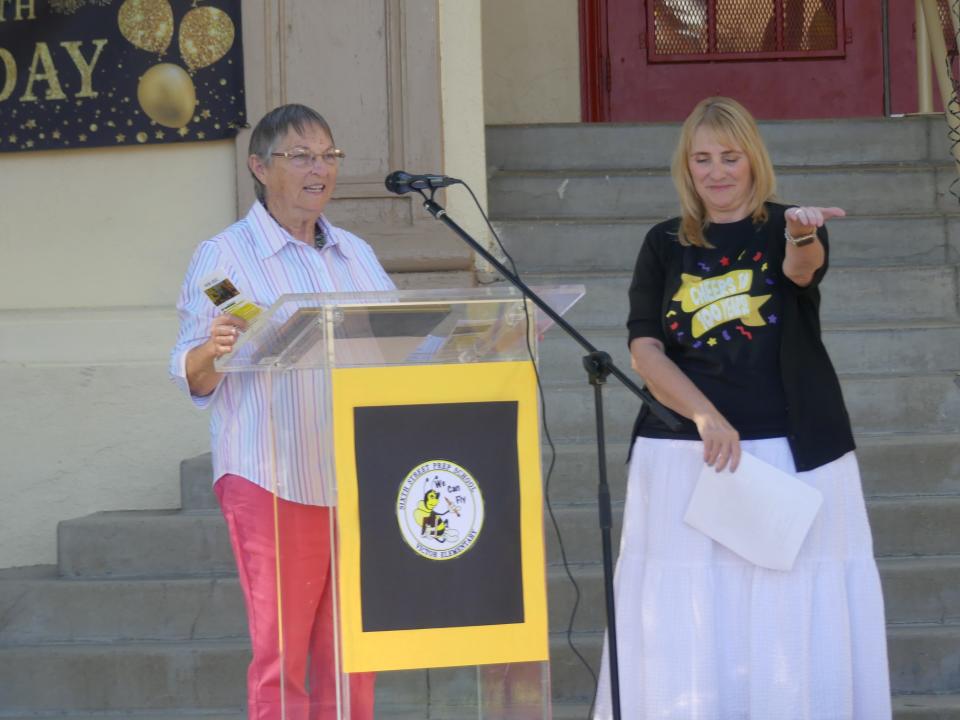 Former teacher Joan Blech, left, with Interim Principal Angela Bishop Cupp during the 100th anniversary celebration of the Sixth Street Prep building located in downtown Victorville.