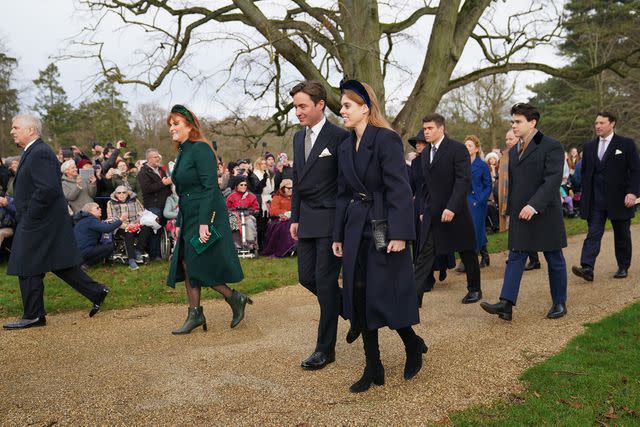 <p>Joe Giddens/PA Images via Getty </p> Prince Andrew, Sarah Ferguson, Edoardo Mapelli Mozzi and Princess Beatrice attend Christmas 2023