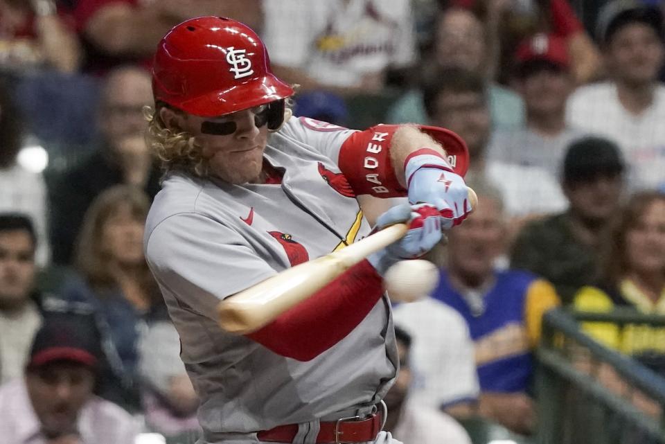 St. Louis Cardinals' Harrison Bader hits a single during the first inning of a baseball game against the Milwaukee Brewers Friday, Sept. 3, 2021, in Milwaukee. (AP Photo/Morry Gash)