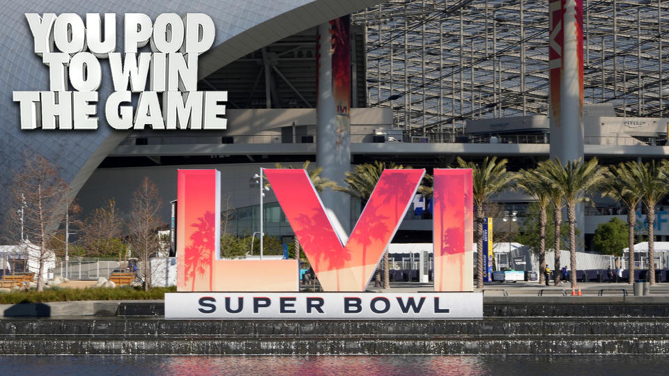 The Super Bowl LVI logo stands in front of SoFi Stadium in Los Angeles, California. (Photo Credit: Kirby Lee-USA TODAY Sports)