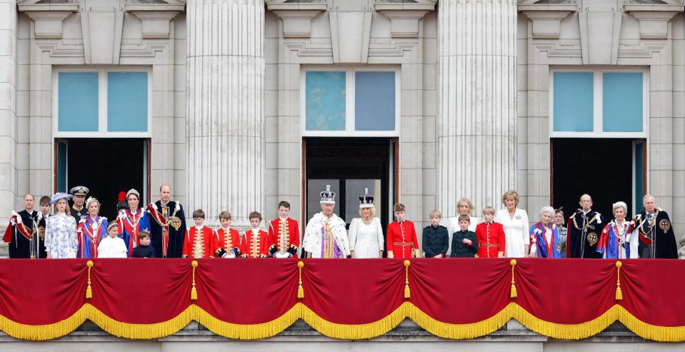 The royal family appears on the balcony of Buckingham Palace after King Charles III's coronation.