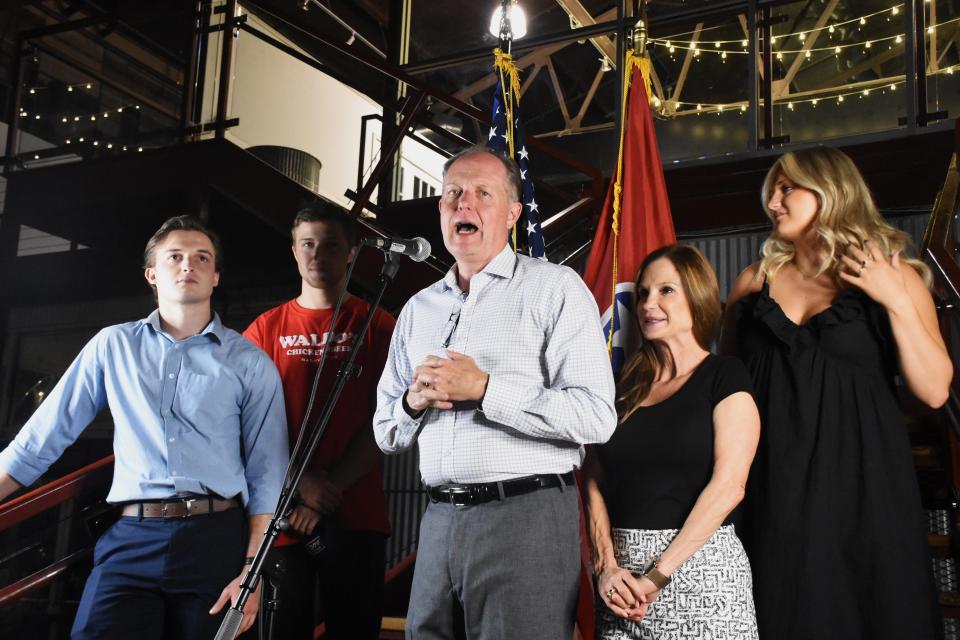 Senate Majority Leader Jack Johnson gives a speech alongside his family following his win over conservative activist Gary Humble in the primary election on Thursday, Aug. 4, 2022.