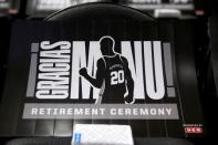 Mar 28, 2019; San Antonio, TX, USA; Signage honoring former San Antonio Spurs player Manu Ginobili is seen before a game against the Cleveland Cavaliers at AT&T Center. Mandatory Credit: Soobum Im-USA TODAY Sports
