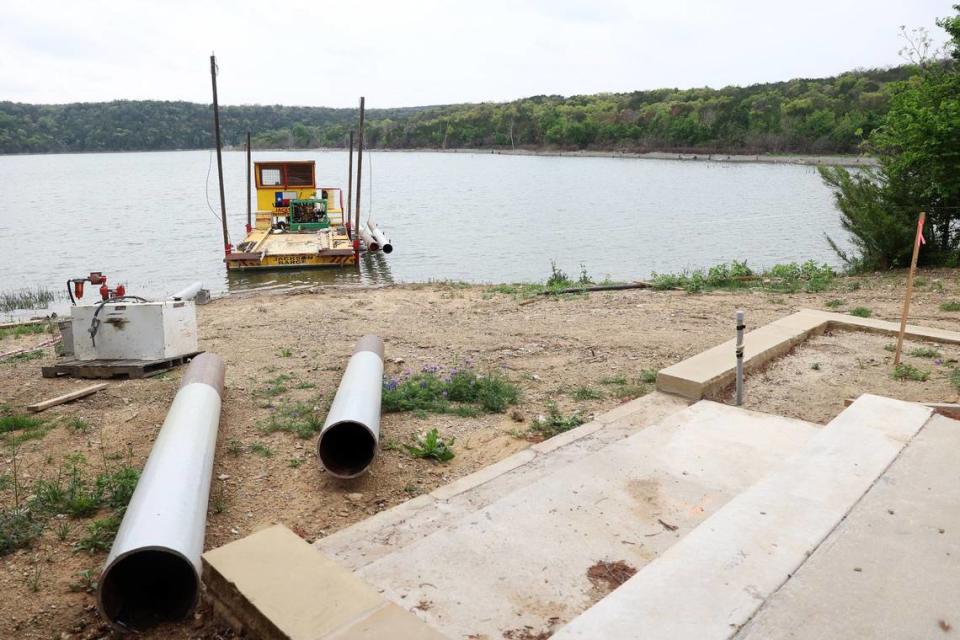 Construction on the fishing pier on Tucker Lake at Palo Pinto Mountains State Park has begun, as seen on Monday, April 1, 2024.