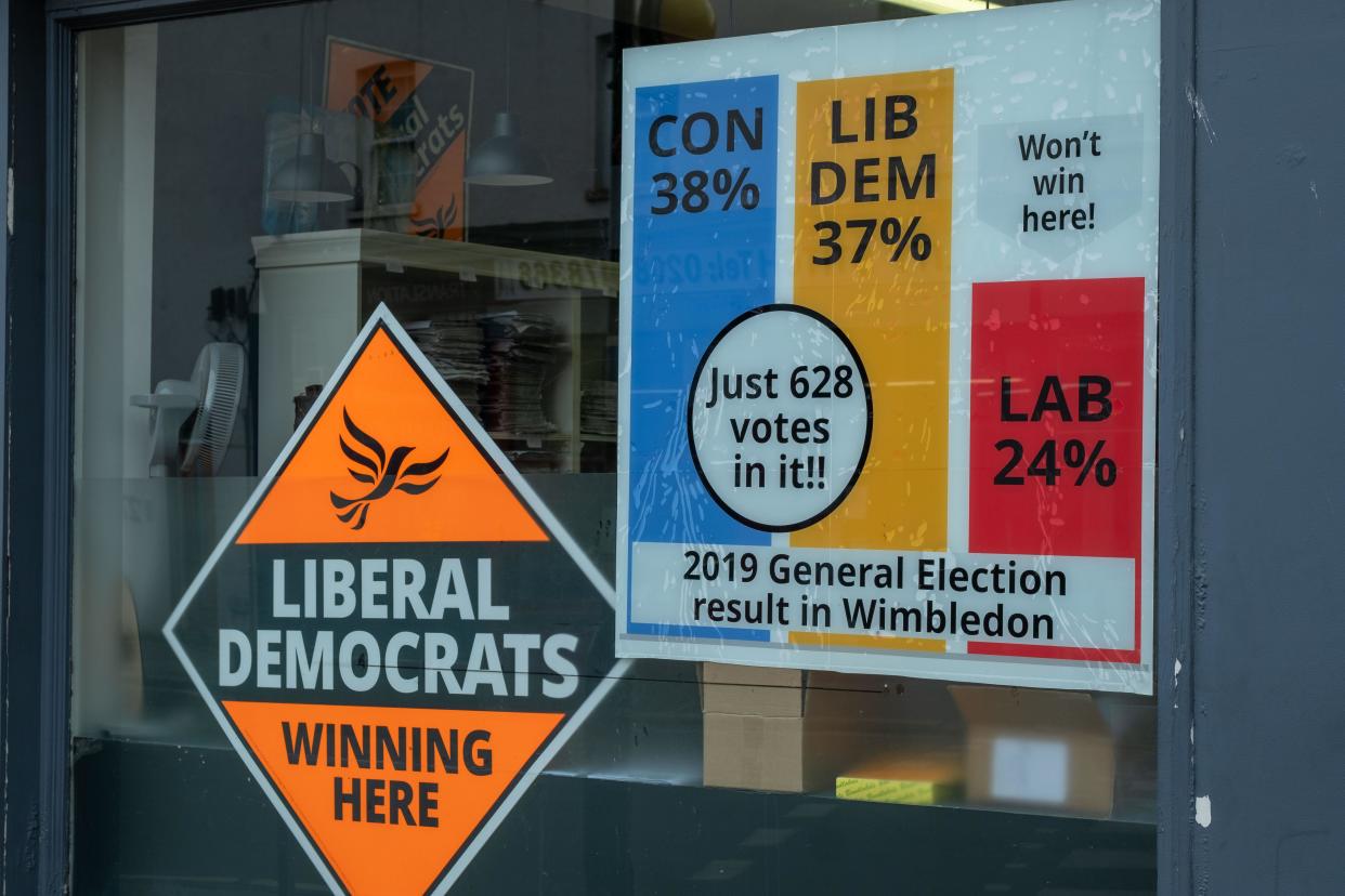 LONDON- 6 JUNE, 2024: High Street premises displaying Liberal Democrats political party advertising in Wimbledon. SW19 south west London