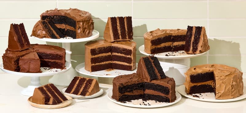 Chocolate cakes on a kitchen counter.