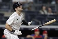 New York Yankees' Ryan LaMarre watches his single that drove in the winning run against the Philadelphia Phillies during the 10th inning of a baseball game Wednesday, July 21, 2021, in New York. The Yankees won 6-5. (AP Photo/Adam Hunger)