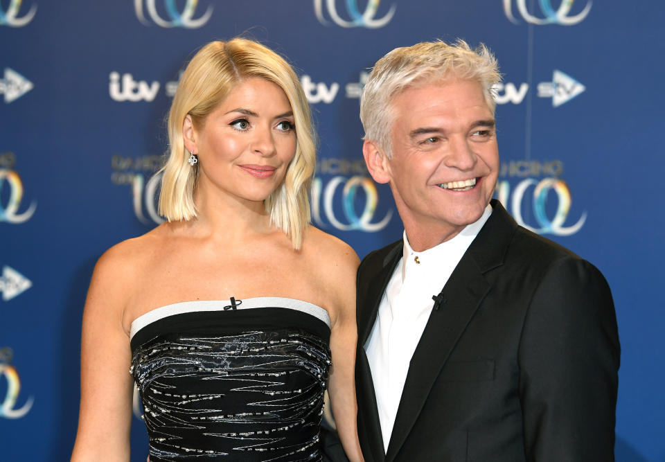 Holly Willoughby (left) and Phillip Schofield attending the Dancing on Ice 2020 launch held at Bovingdon Airfield, Hertfordshire. Photo credit should read: Doug Peters/EMPICS