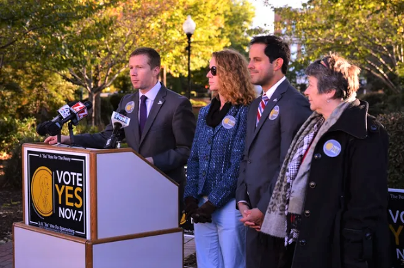 Campaigning in favor of a penny tax prior to the Nov. 7, 2017, vote, were (from left) Allen Smith, president and CEO of OneSpartanburg; Shelly Roehrs, chairwoman of the Spartanburg County Democratic Party; Josh Kimbrell, chairman of the Spartanburg County Republican Party; and Karen Martin, chairwoman of the Spartanburg County Tea Party.