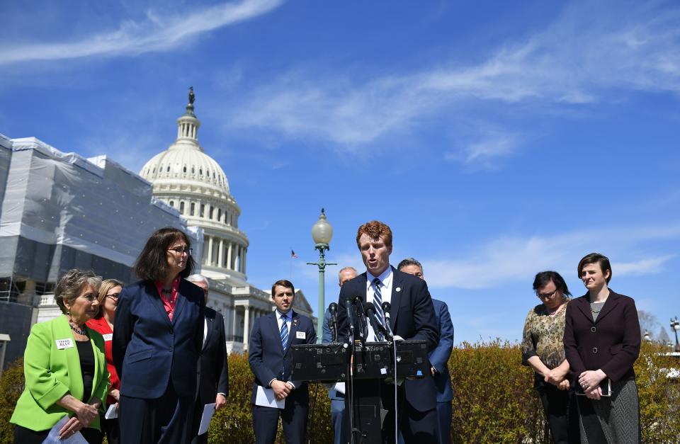 Rep. Joe Kennedy III (D-Mass.) speaks at a press conference outside the Capitol Thursday on the resolution he sponsored that oppose the Trump's administration's ban on transgender people serving in the U.S. armed forces. The measure passed, but it's purely a symbolic gesture. (Photo: MANDEL NGAN via Getty Images)