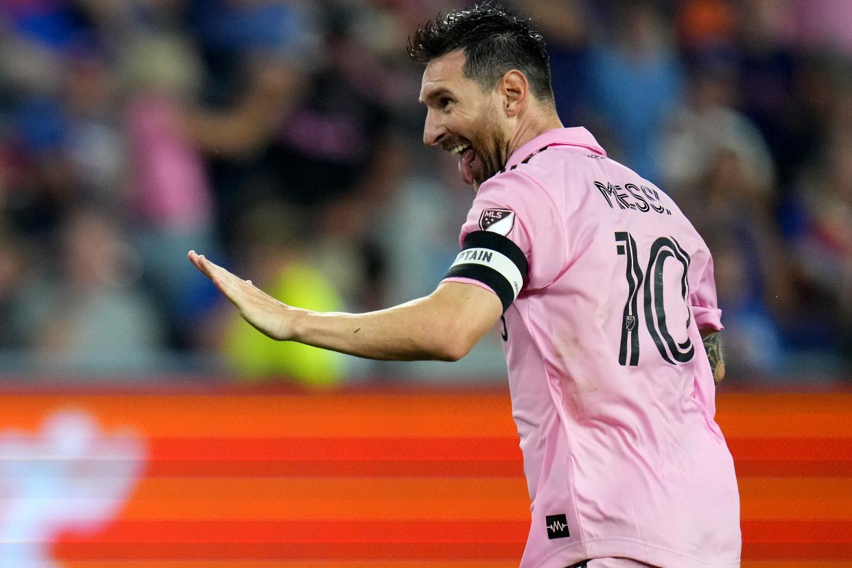 Inter Miami CF forward Lionel Messi (10) celebrates a goal in the first period of extra time of a U.S. Open Cup semifinal match between Inter Miami and FC Cincinnati, Wednesday at TQL Stadium in Cincinnati.