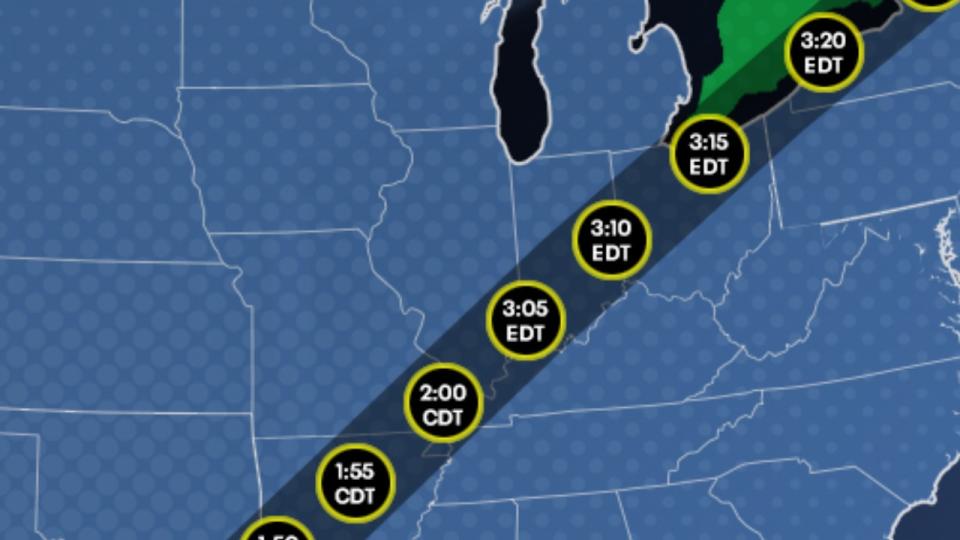 <div>Projected path and time of totality for the 2024 total solar eclipse over Illinois.</div>