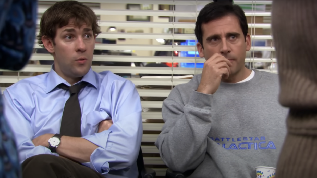  John Krasinski and Steve Carell as Jim and Michael on The Office. 