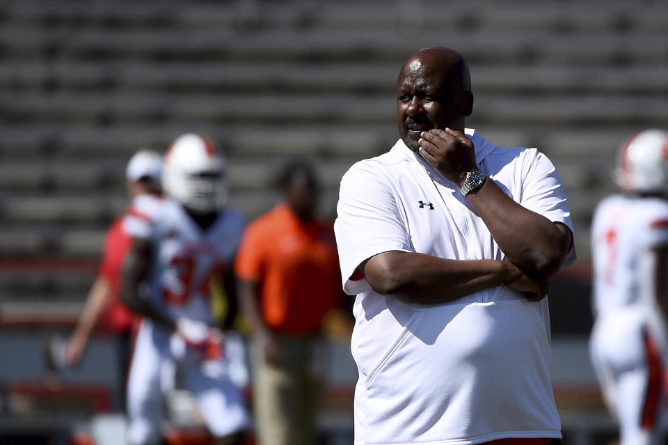 Maryland Terrapins head coach Michael Locksley is worried about the lack of a diversity pipeline in the college coaching ranks. (AP Photo/Will Newton)