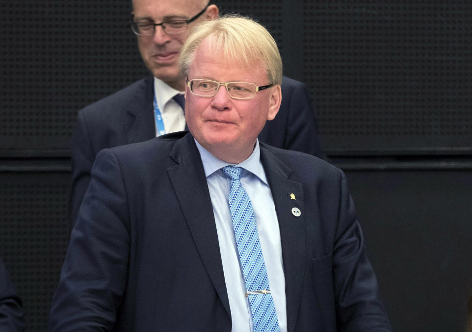 FILE - In this file photo dated Thursday, Sept. 7, 2017, Sweden's Defence Minister Peter Hultqvist looks on during a meeting of the EU ministers of defence in Tallinn, Estonia. Sweden's defence minister, Hulqvist said Monday May 31, 2021, he wants Denmark to explain why that country's foreign secret service allegedly helped the United States spy on European leaders and officials in Germany, France, Sweden and Norway. (AP Photo/Liis Treimann, FILE)