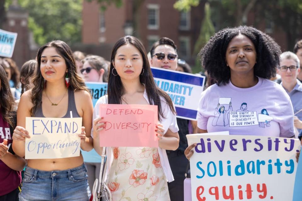 Students and others gather at Harvard University’s Science Center Plaza to rally in support of affirmative action after the Supreme Court ruling on July 1, 2023, in Cambridge, Massachusetts. (Photo by Scott Eisen/Getty Images)