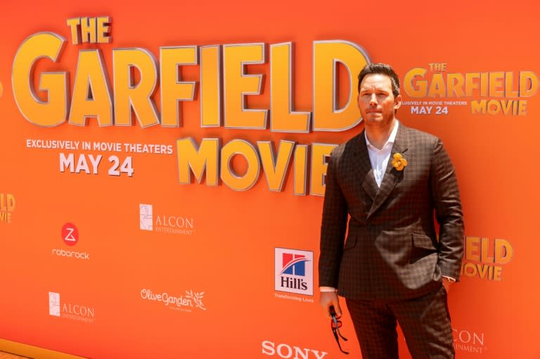 L'acteur Chris Pratt à l'affiche du film "Garfield: Héros malgré lui", à Los Angeles le 19 mai 2024 (ETIENNE LAURENT)