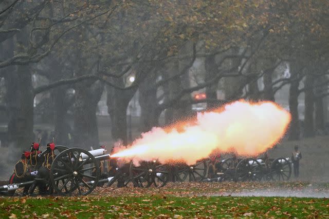 <p>Kate Green/Getty Images</p> The King's Troop Royal Horse Artillery carried out a 41 gun salute to mark King Charles' birthday early on Tuesday