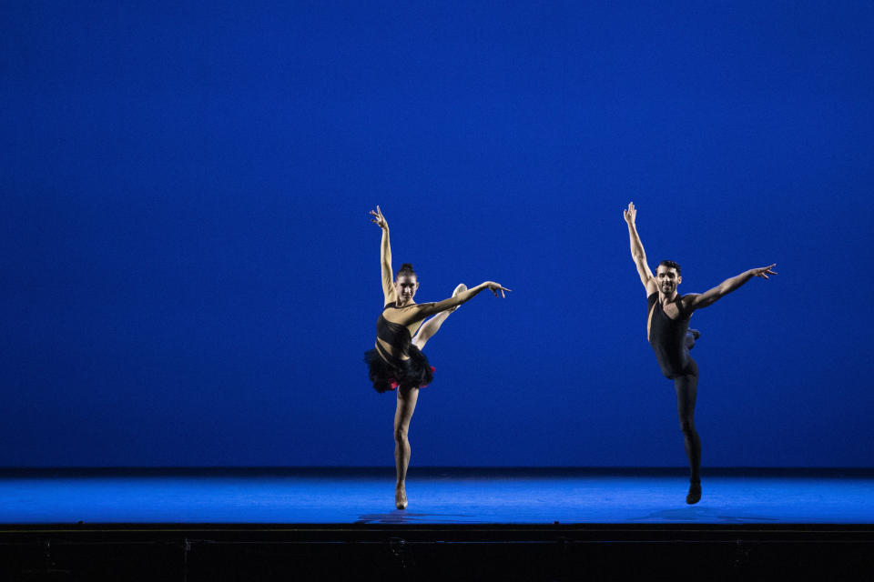 Ballet Hispanico & New York City Ballet dancers Alexa Maxwell, left, and Antonio Cangiano perform "Pas de O'Farrill" by Pedro Ruiz during the BAAND Together Dance Festival, Tuesday, July 25, 2023, at Lincoln Center in New York. (AP Photo/Mary Altaffer)