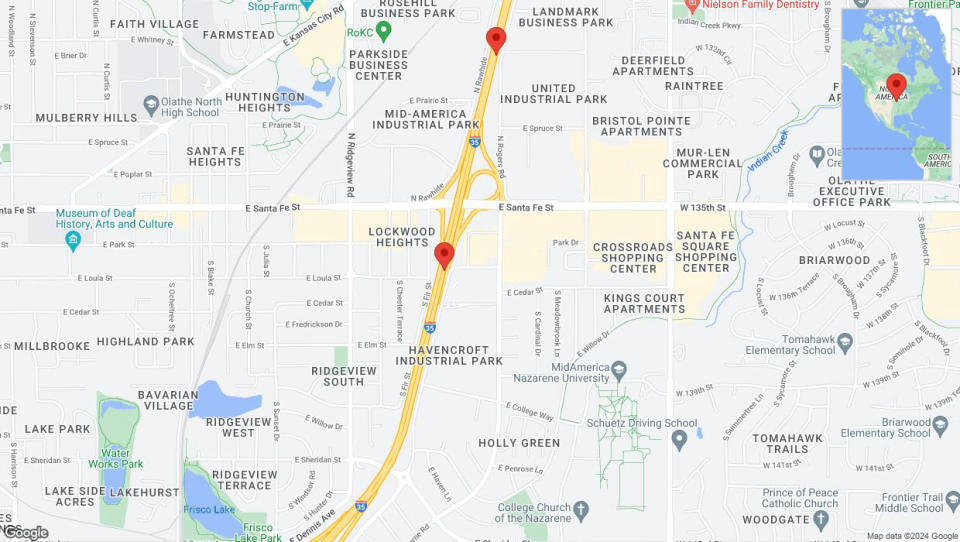 A detailed map that shows the affected road due to 'Heavy rain prompts traffic warning on eastbound I-35 in Olathe' on May 2nd at 3:56 p.m.