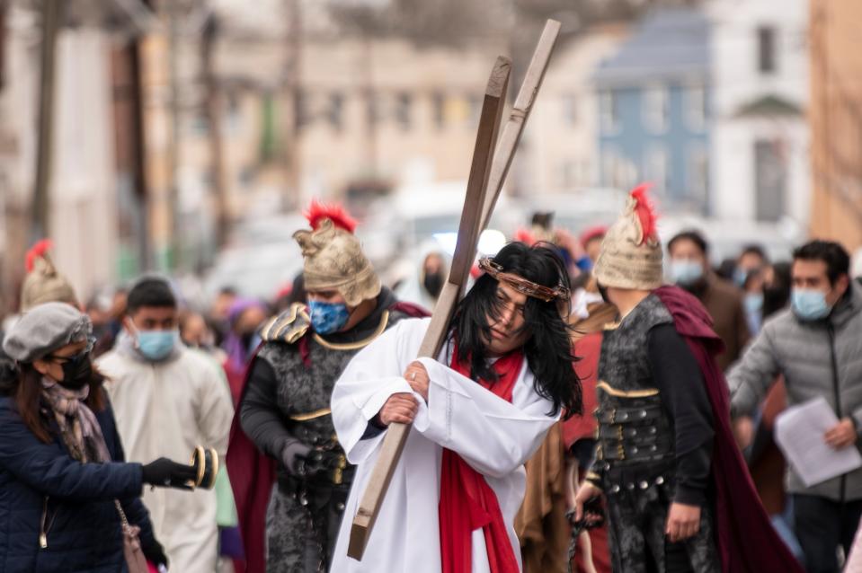 Gilberto Martinez plays Jesus last minute after the actor initially cast contracted COVID-19. The Parish Youth Group from Our Lady of Fatima Church and Saint Nicholas Church put on a living stations of the cross in Passaic on Good Friday April 2, 2021.  