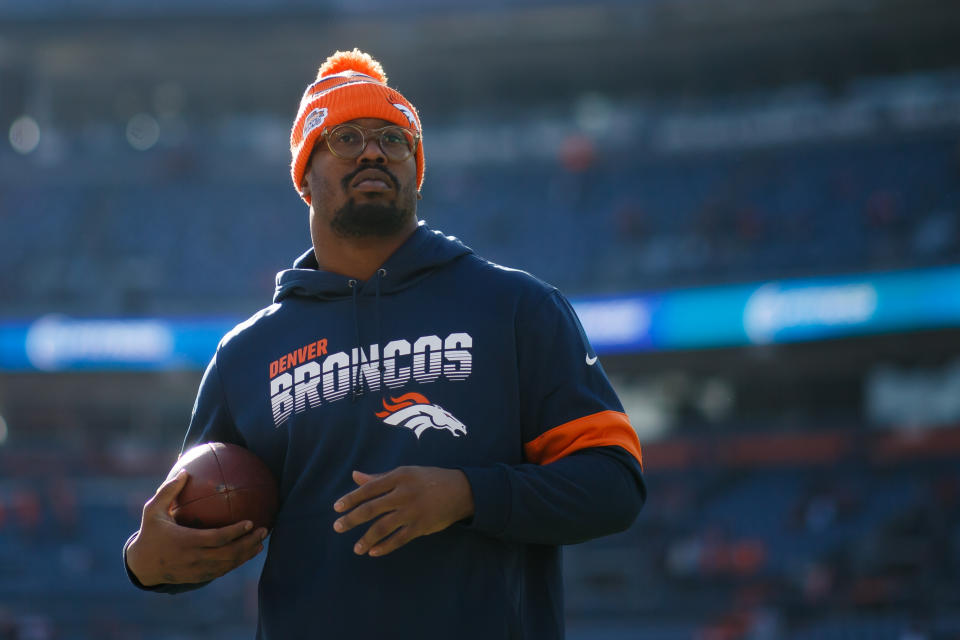 DENVER, CO - DECEMBER 1:  Linebacker Von Miller #58 of the Denver Broncos stands on the field during warmups before a game against the Los Angeles Chargers at Empower Field at Mile High on December 1, 2019 in Denver, Colorado. Miller is not playing today. (Photo by Justin Edmonds/Getty Images)