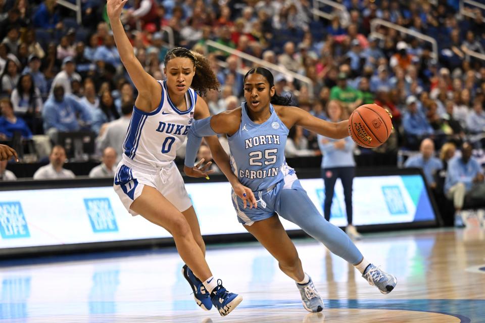 Mar 3, 2023; Greensboro, NC, USA; North Carolina Tar Heels guard Deja Kelly (25) drives against Duke Blue Devils guard Celeste Taylor (0) during the first half at Greensboro Coliseum. Mandatory Credit: William Howard-USA TODAY Sports