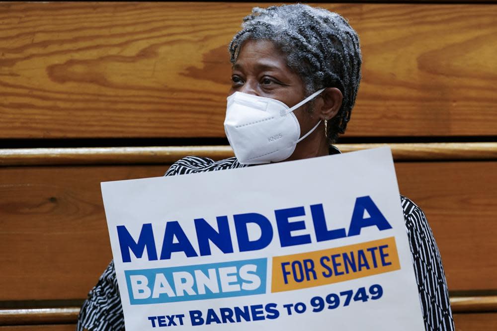 Valeri Langston is seen at a rally for Wisconsin Democratic U.S. Senate candidate Mandela Barnes at John Marshall High School Friday, July 15, 2022, in Milwaukee. (AP Photo/Morry Gash)