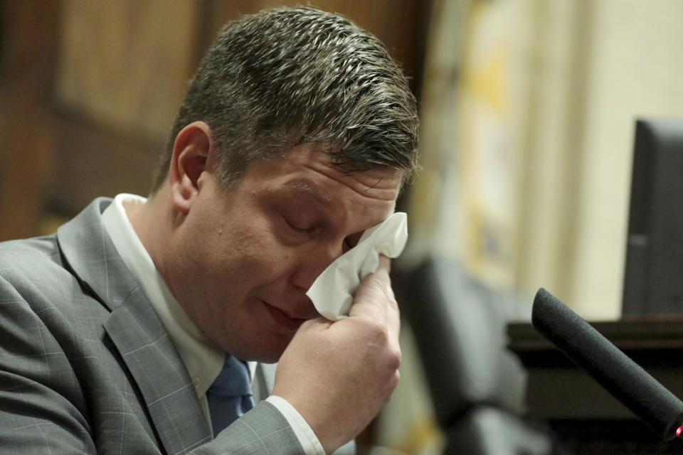 Chicago police Officer Jason Van Dyke dabs his eyes as he testifies in his murder trial Tuesday Oct. 2, 2018, in Chicago, for the shooting death of Laquan McDonald. (Antonio Perez/Chicago Tribune via AP, Pool)