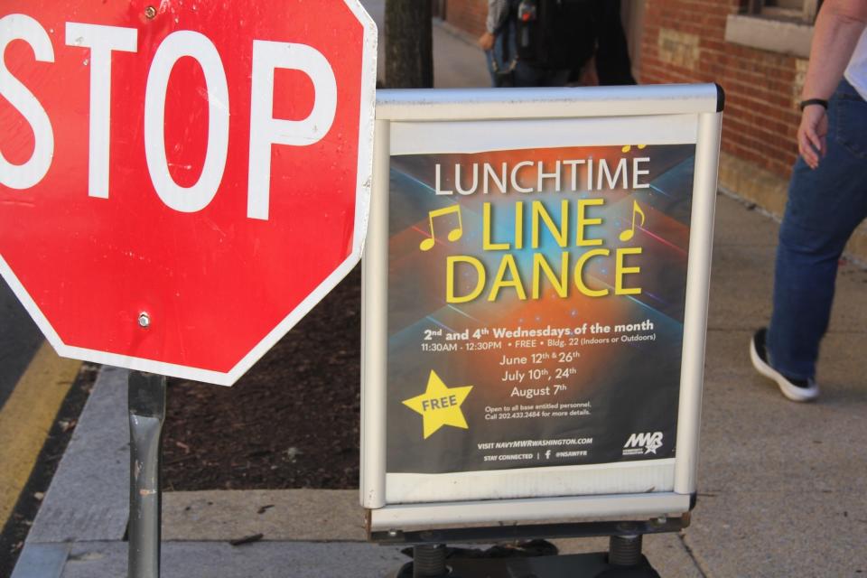 A sign advertising activities for service members on the base that hosts the National Museum of the United States Navy.