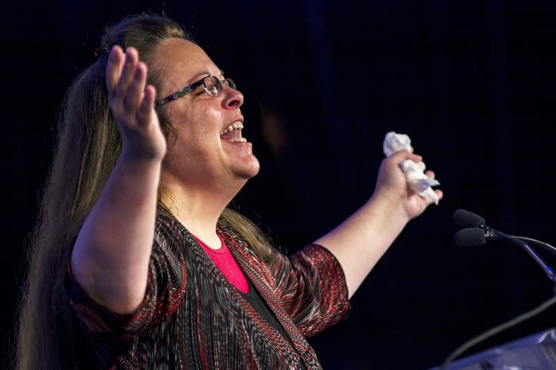 FILE PHOTO: Kentucky's Rowan County Clerk Kim Davis makes remarks after receiving the "Cost of Discipleship" award at a Family Research Council conference in Washington