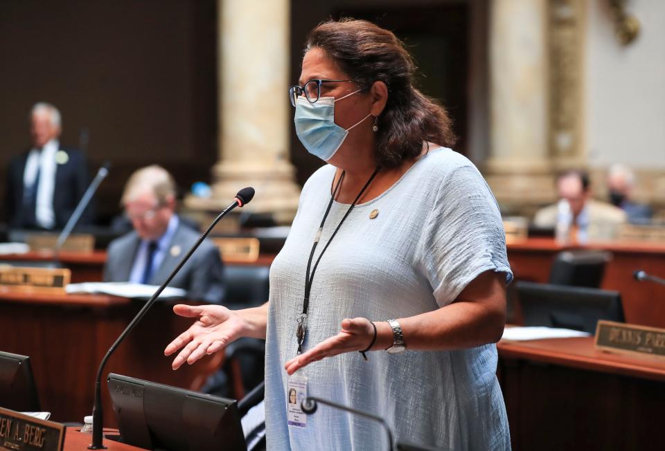 Sen. Karen Berg, D-Louisville, explains her vote against SB 2 in the Senate chamber during a legislative special session on Sept. 9, 2021.