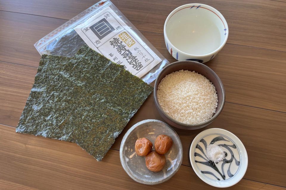 This photo shows the ingredients to make onigiri easily, in Tokyo, on June 14, 2024. (AP Photo/Yuri Kageyama)