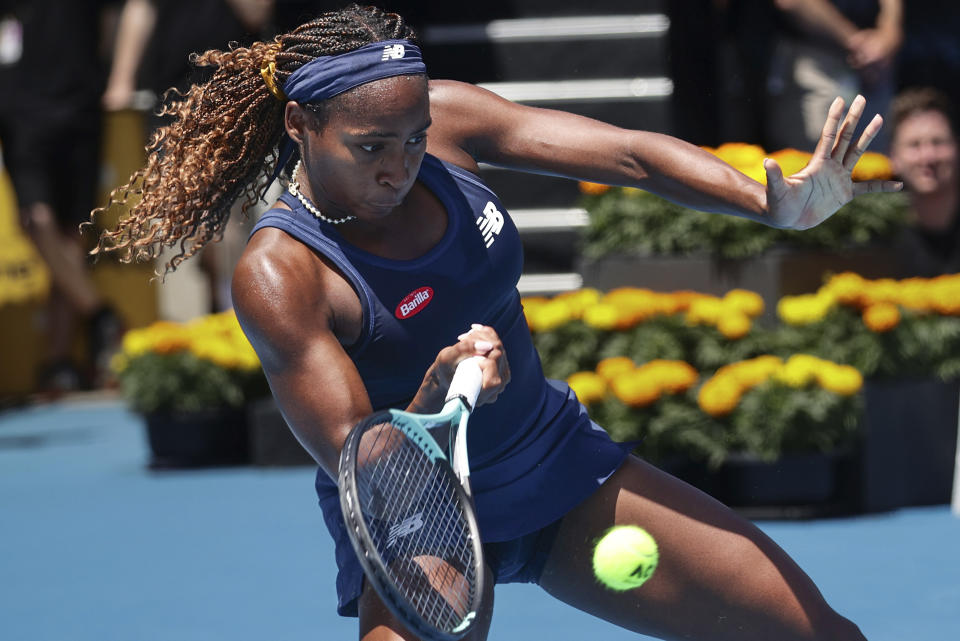 Coco Gauff of United States plays a forehand return to Brenda Fruhvirtova of Czech Republic at the ASB Tennis Classic in Auckland, New Zealand, Thursday, Jan. 4, 2024. (David Rowland/Photosport via AP)