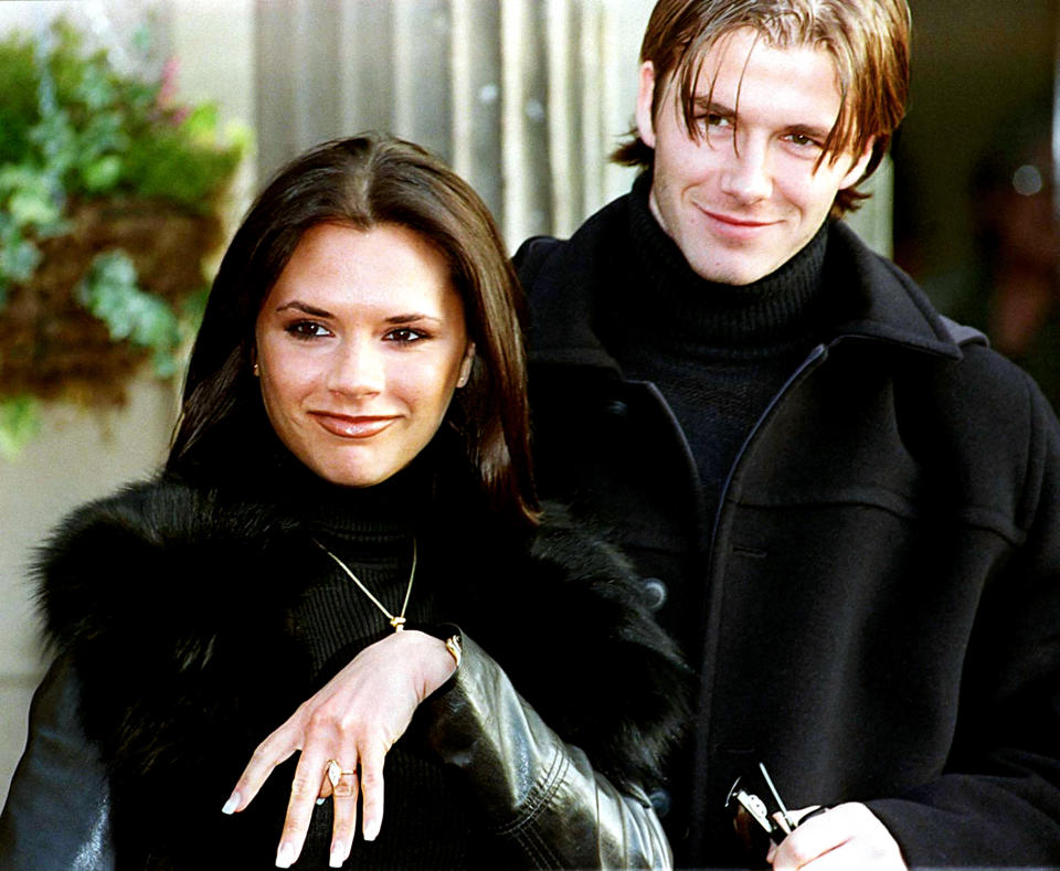 David and Victoria Beckham – here in 1998 after they announced their engagement – just celebrated their 19th wedding anniversary. Source: Getty