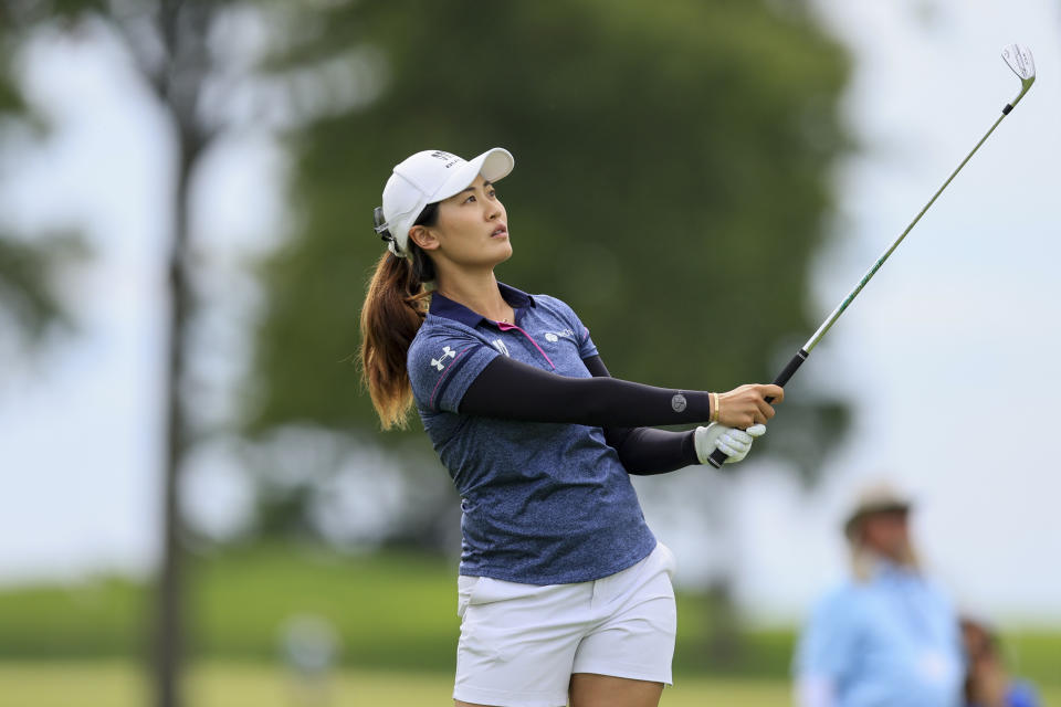 Lin Xiyu, of China, plays a shot from the 13th fairway during the third round of the LPGA Tour Kroger Queen City Championship golf tournament in Cincinnati, Saturday, Sept. 10, 2022. (AP Photo/Aaron Doster)