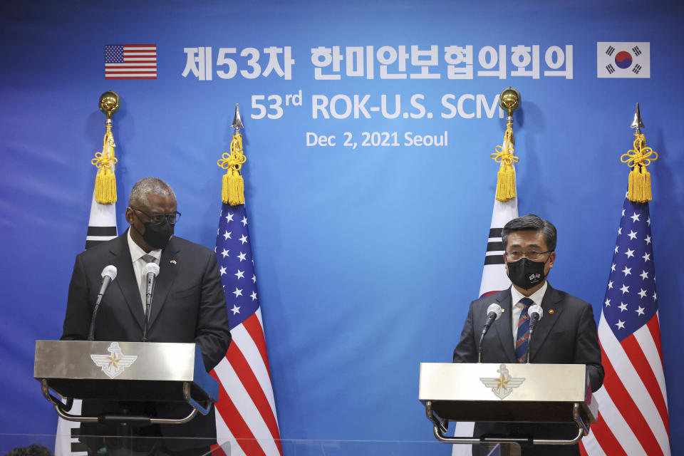 U.S. Defense Secretary Lloyd Austin, left, and South Korean Defense Minister Suh Wook attend a news conference following the 53rd Security Consultative Meeting a​t the Defense Ministry in Seoul, South Korea, Thursday, Dec. 2, 2021. (Kim Hong-Ji/Pool Photo via AP)