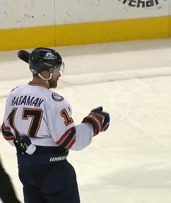 Peoria Rivermen captain Alec Hagaman scored two goals in a 7-2 win over the Evansville Thunderbolts in Game 1 of the SPHL Semifinals at Ford Center on Wednesday in Evansville, Ind.