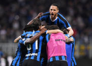 Soccer Football - Serie A - Inter Milan v Empoli - San Siro, Milan, Italy - May 26, 2019 Inter Milan's Marcelo Brozovic celebrates with Danilo D'Ambrosio before his goal is disallowed after a VAR review REUTERS/Alberto Lingria