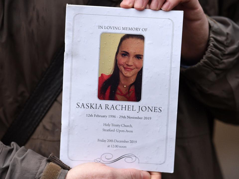 The order of service is pictured for the memorial of Saskia Jones on December 20, 2019AFP/Getty