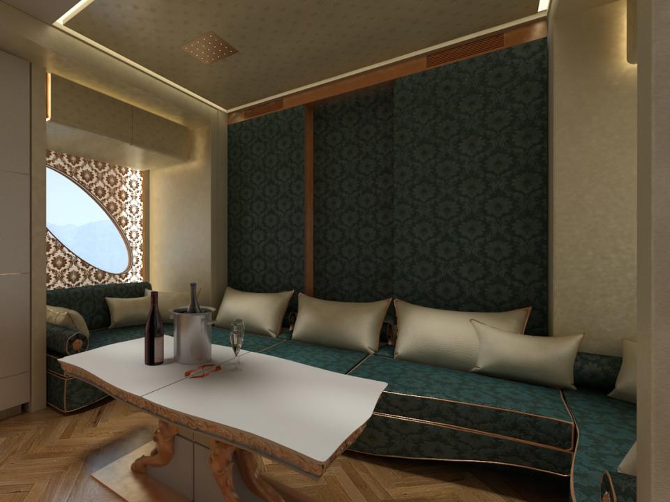 A rendering of the living room inside of one of Marchi Mobile's vehicles.